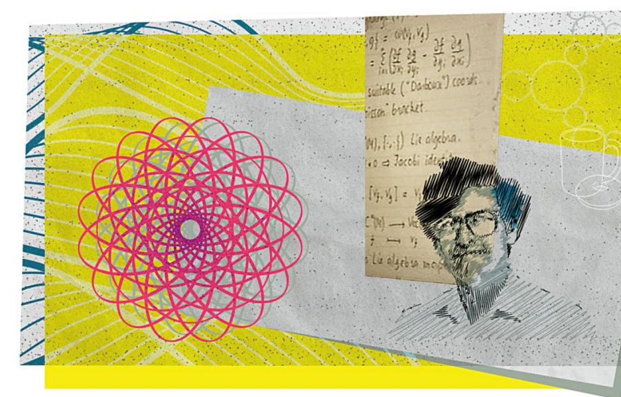 Illustration featuring algebraic topology imagery on a yellow background, a sketch of Bill Thurston's headshot, and a paper with mathematical equations.